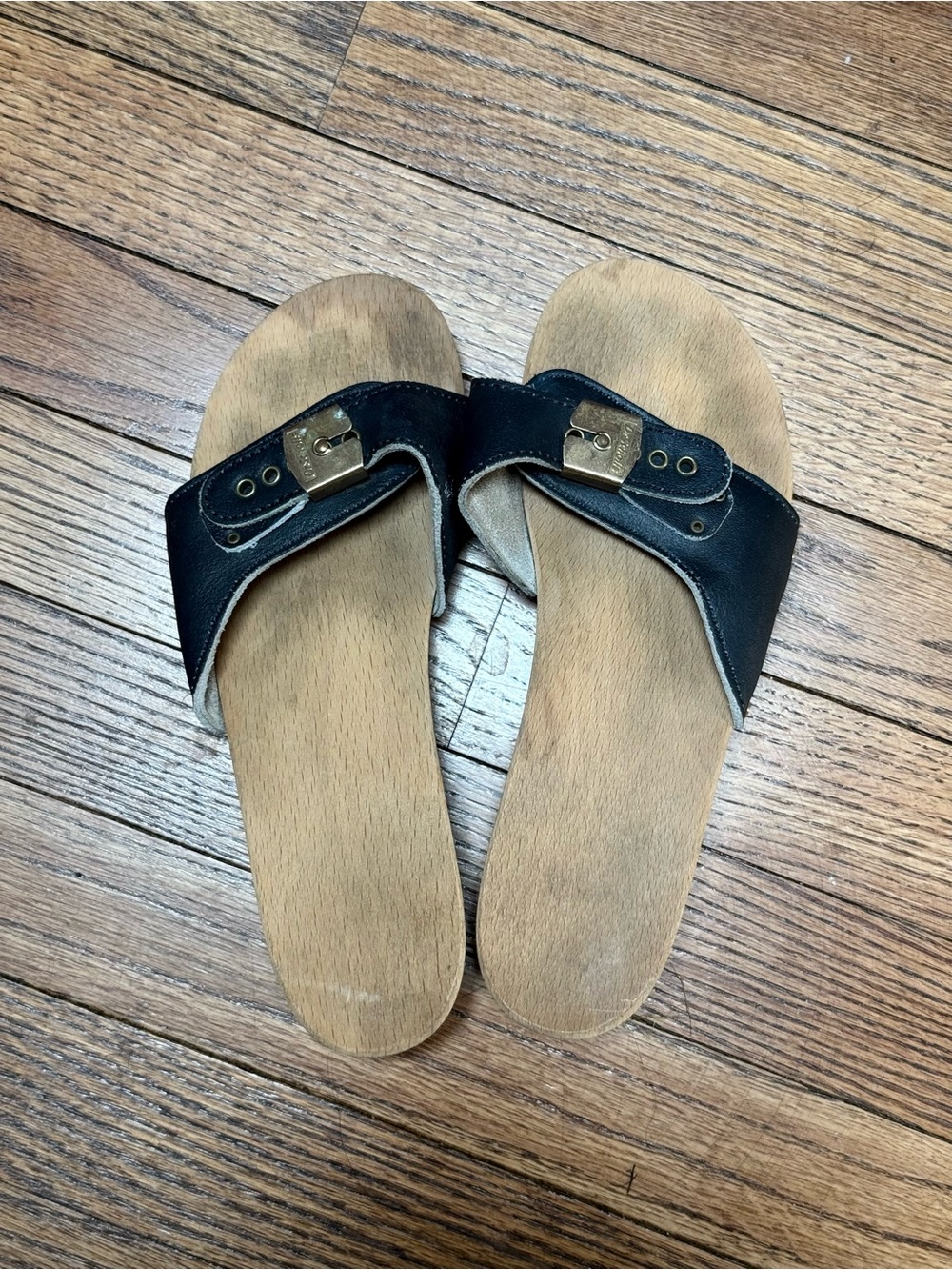 Dr. Scholl's Black Slide Sandals with Brass Buckle